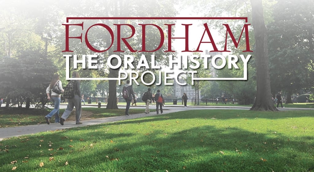 Oral history project logo over students walking on rose hill campus